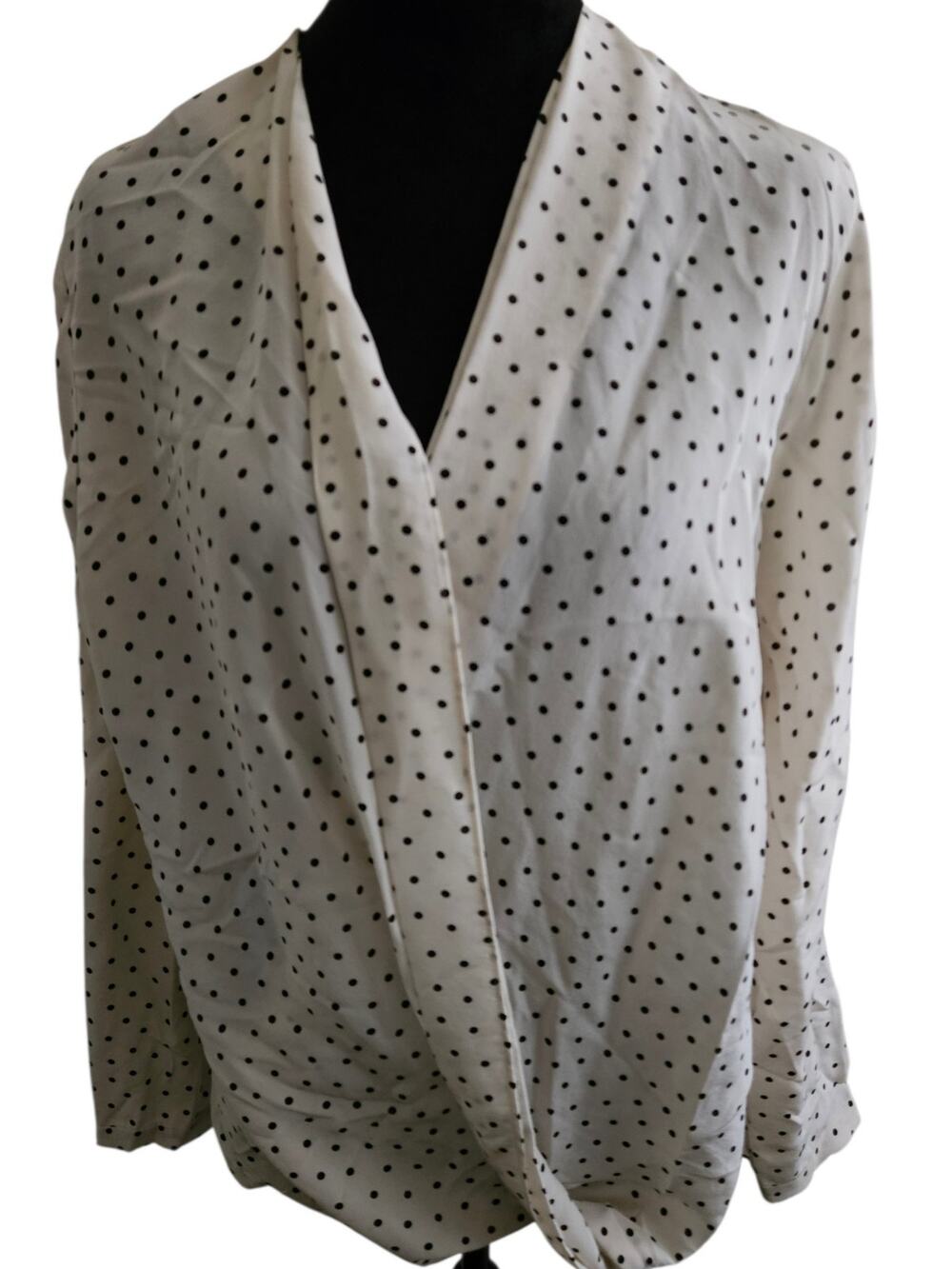 Club Monaco 100% Silk Polka Dot Surplus Draped Blouse White Black Size M